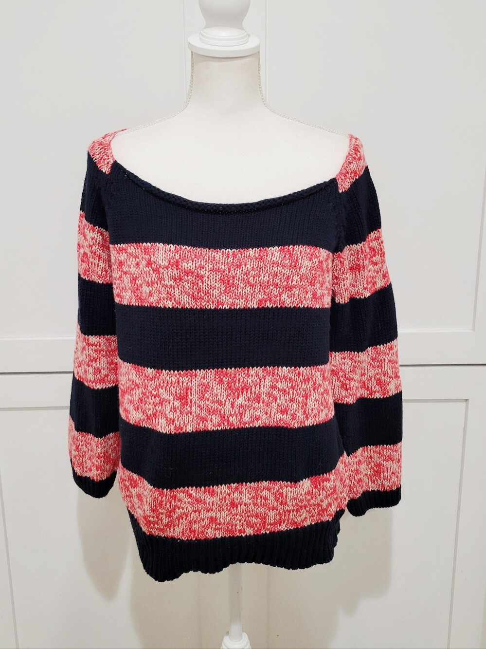 American Eagle Navy Orange 100% Cotton Boatneck Knit Sweater Women's Large